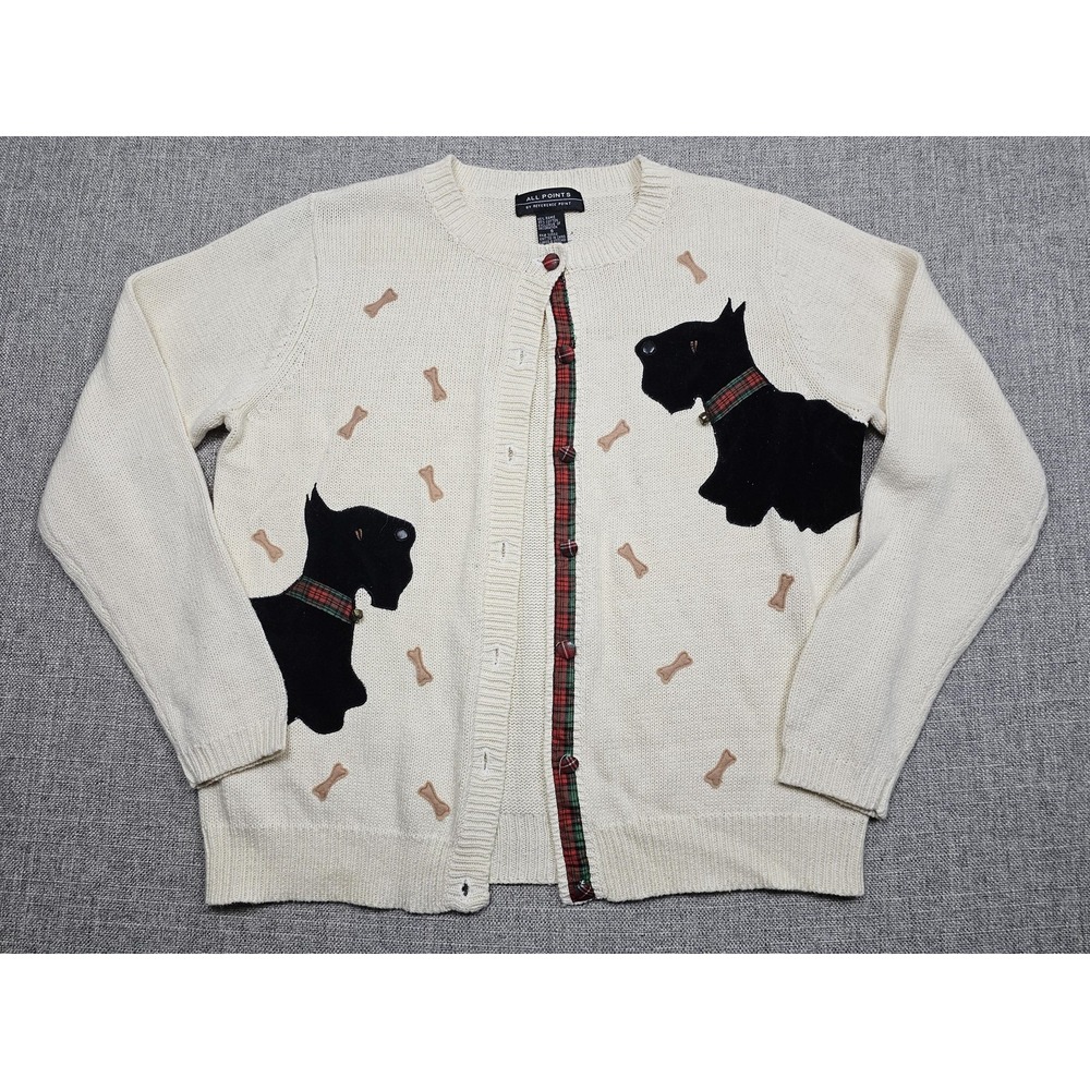 All Points Sweater Womens Small White Scottie Dog Bone Cardigan Knit Novelty